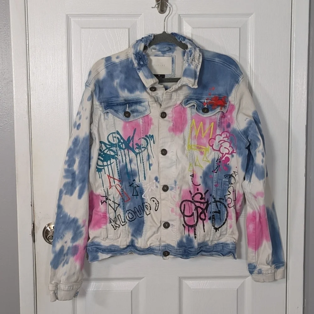 Kloud9 Streetwear Distressed Tie Dyed Graffiti White Button Up Denim Jacket Med.